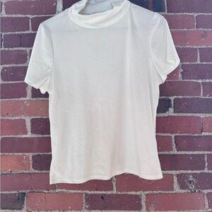 Cream Ribbed Short Sleeve Mock Neck Top